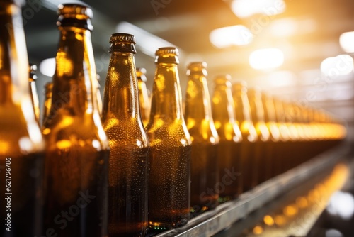  Row of brown glass beer bottles being processed in a factory. Generative Ai.