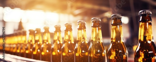  Row of brown glass beer bottles being processed in a factory  panorama. Generative Ai.