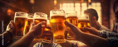Glasses of beer in hand of group happy friends drinking and toasting beer, panorama. Generative Ai.