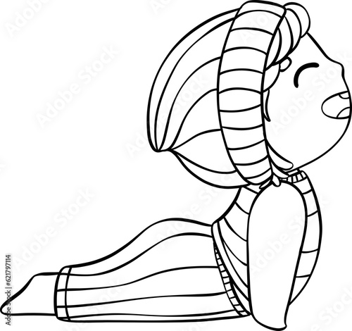 Cute playful Kid Doing Yoga cobra pose whimsical Cartoon outline hand drawing