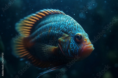 A beautiful fish swims at the bottom of the sea. 