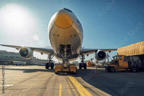 Loading a cargo plane at the airport. A cargo trolley delivering cargo to the jet on the airfield. International freight transport, airmail and logistics concept. 3D illustration.