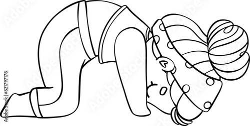 Cute playful Kid Doing Yoga cat pose whimsical Cartoon outline hand drawing