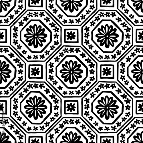 Black and white geometric pattern. Abstract flowers drawn with ink. Vector illustration.