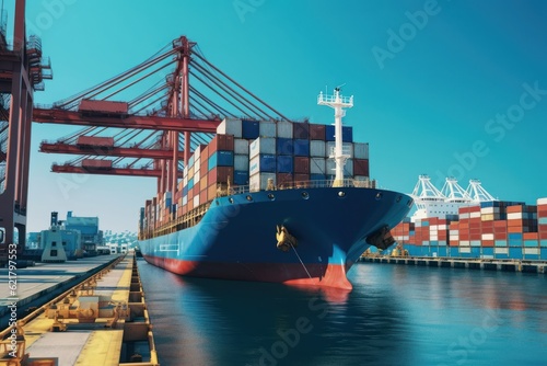 Container ship at the berth in cargo terminal of the port under loading. Port cranes load containers  place them in rows on the deck of the vessel. Global freight shipping concept. 3D illustration.