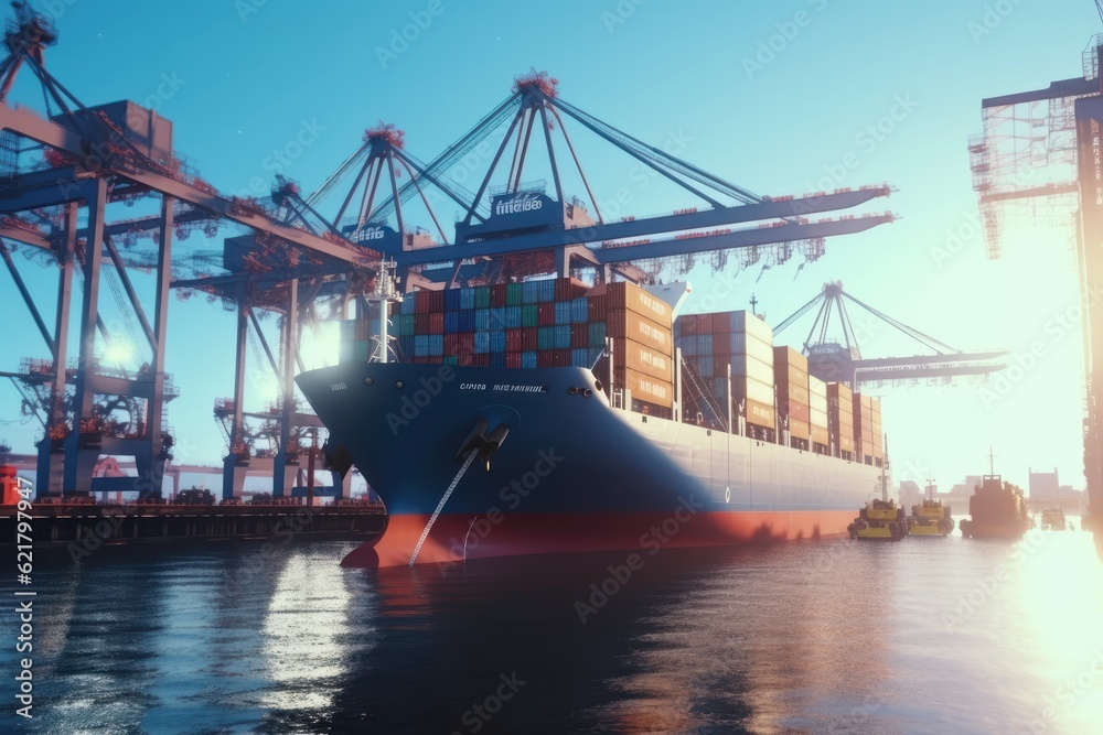 Container ship at the berth in cargo terminal of the port under loading. Port cranes load containers, place them in rows on the deck of the vessel. Global freight shipping concept. 3D illustration. Container ship at the berth in cargo terminal of the port under loading. Port cranes load containers, place them in rows on the deck of the vessel. Global freight shipping concept. 3D illustration.