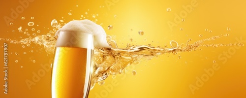 Golden beer with a white head in mug glass, bubbles all over background, panorama. Generative Ai.