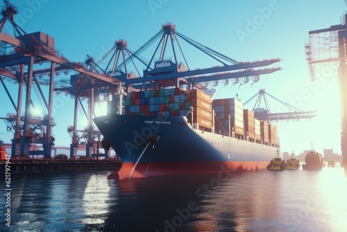 Container ship at the berth in cargo terminal of the port under loading. Port cranes load containers, place them in rows on the deck of the vessel. Global freight shipping concept. 3D illustration.