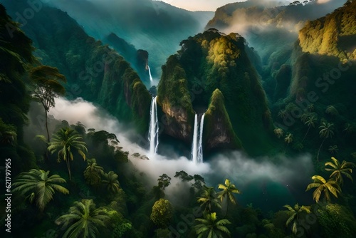 the arial view of water fall in the hills