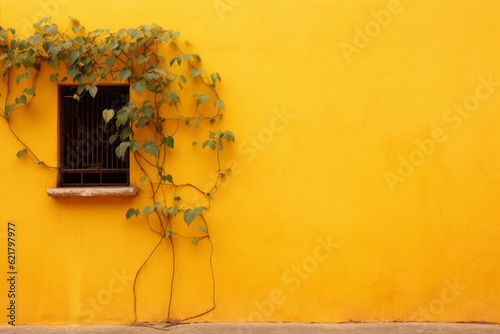 Mexican colonial yellow wall background with vine plant, front view