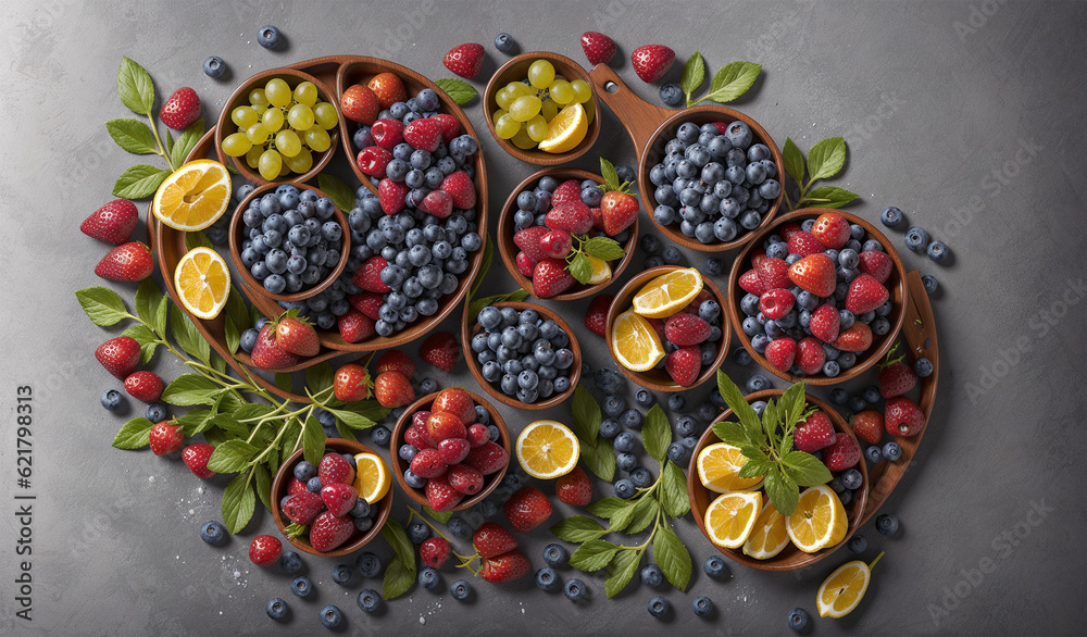 Decoration of Fresh Oranges, Grapes, Strawberries, and Berries on a Black Background