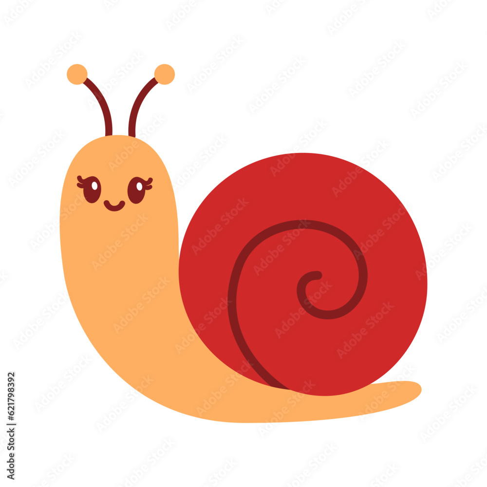 Cute smiling snail isolated on white background. Flat cartoon funny ...