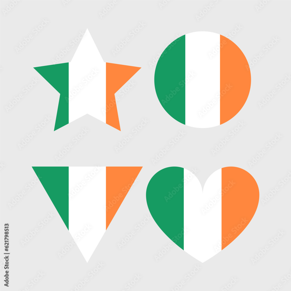 Ireland flag vector icons set in the shape of heart, star, circle and map. Irish flag illustration in different geometrical shapes. Ireland flag vector icons set in the shape of heart, star, circle and map. Irish flag illustration in different geometrical shapes.