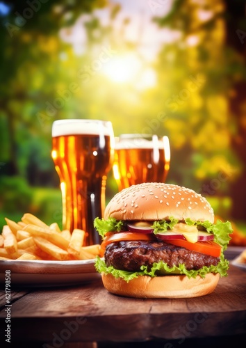 Many burgers and beers outdoor on a full wooden table , nature. Generative Ai.