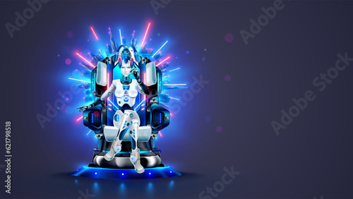AI or artificial intelligence in image female cyborg queen. Robot woman majestic sitting on throne in neon glow. Sci-fi illustration of artificial intelligence computer neural network. AI rules world.