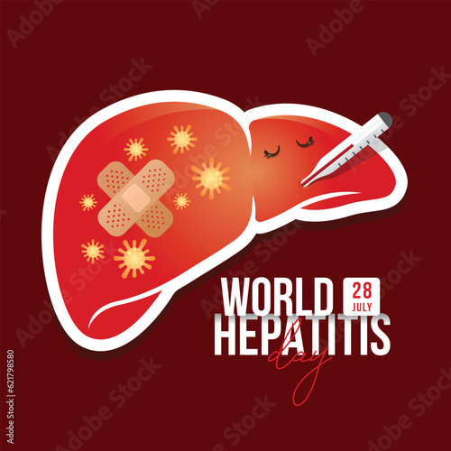 World Hepatitis Day - Liver charecter mercury thermometer with elastic fabric plasters and virus sign around on brown background vector design
