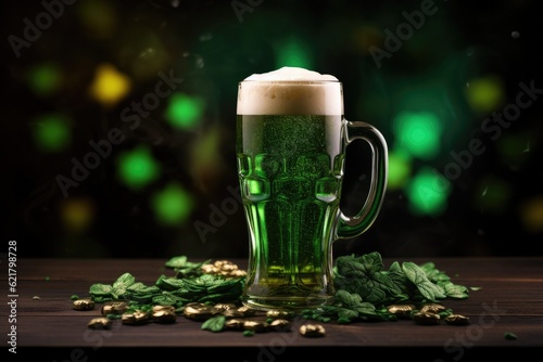 Saint Patrick green beer with cloves on dark background. Generative Ai.