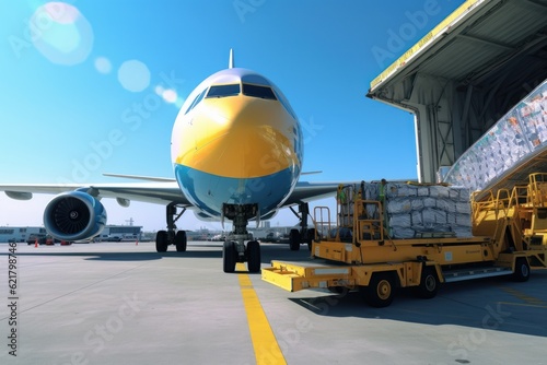 Loading a cargo plane at the airport. A cargo trolley delivering cargo to the jet on the airfield. International freight transport  airmail and logistics concept. 3D illustration.