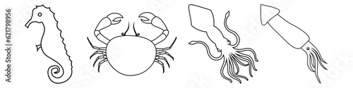 Seafood icon vector set. sea ​​creations illustration sign collection. animals symbol or logo.