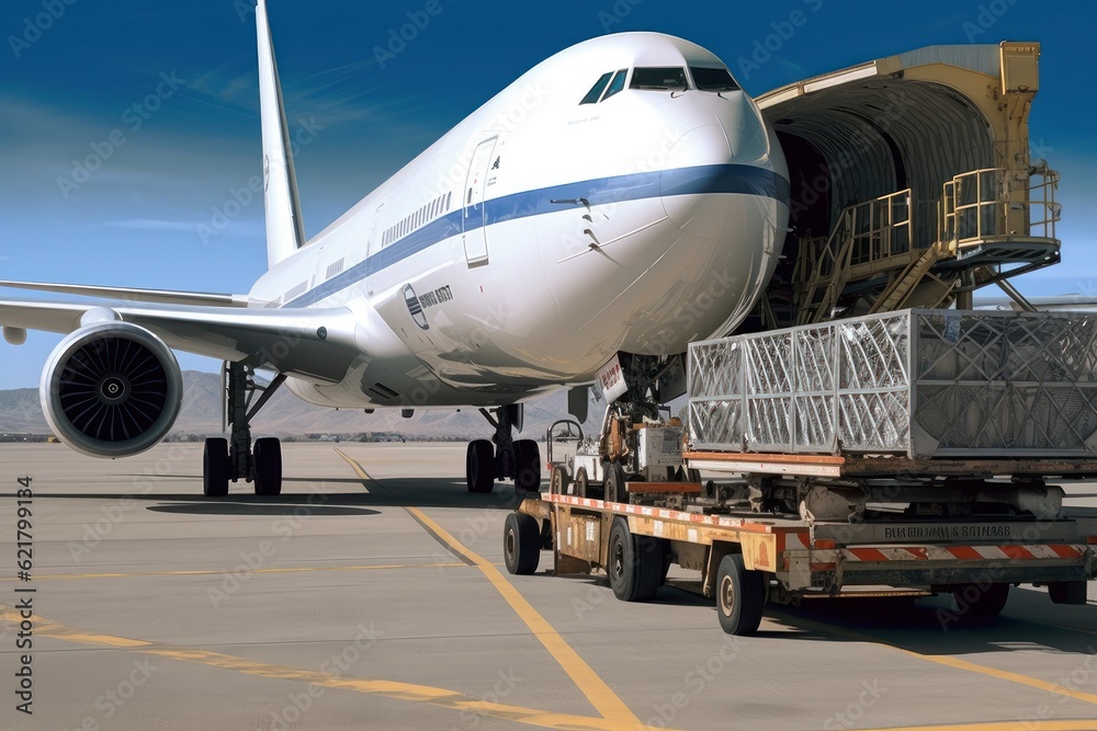 Loading a cargo plane at the airport. A cargo trolley delivering cargo to the jet on the airfield. International freight transport, airmail and logistics concept. 3D illustration. Loading a cargo plane at the airport. A cargo trolley delivering cargo to the jet on the airfield. International freight transport, airmail and logistics concept. 3D illustration.