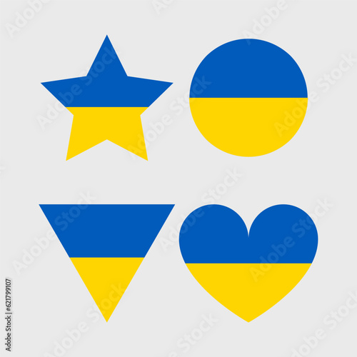 Ukrainian flag symbol. Flag of Ukraine. Support Ukraine in the war. Square, round and heart shape. Blue and yellow illustration.