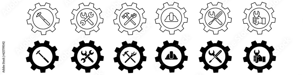 Workshop icon vector set. Repair illustration sign collection. Service center symbol. Engineering logo. Workshop icon vector set. Repair illustration sign collection. Service center symbol. Engineering logo.