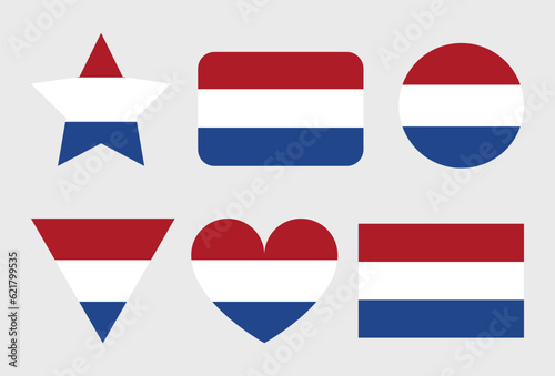 The Netherlands flag vector icons set in the shape of heart, star, circle and map. Dutch flag illustration in different geometrical shapes.