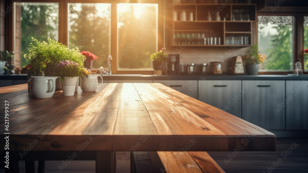 Copy space wooden table in kitchen background. Generative ai.