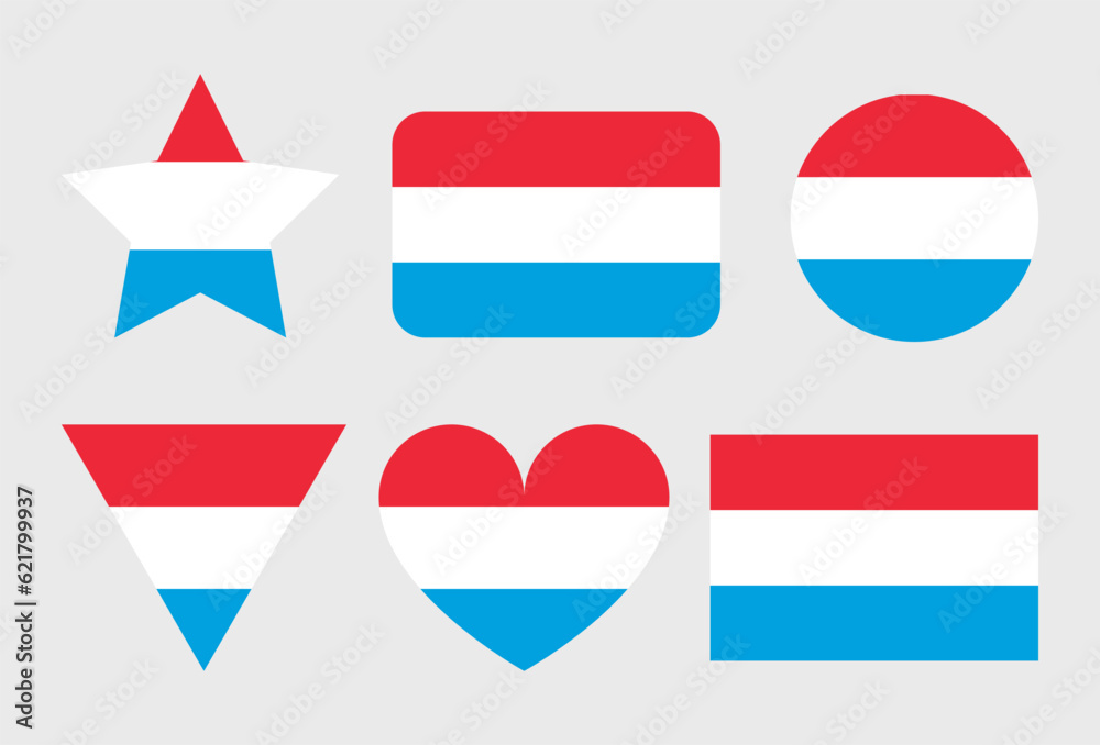 Luxembourg flag vector icons set in the shape of heart, star, circle and map Luxembourg flag vector icons set in the shape of heart, star, circle and map