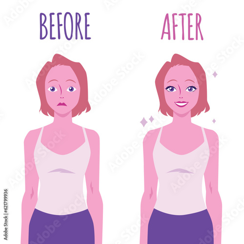 Emotional woman before and after eyelash extension flat style
