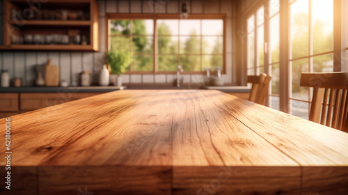 Copy space wooden table in kitchen background. Generative ai.