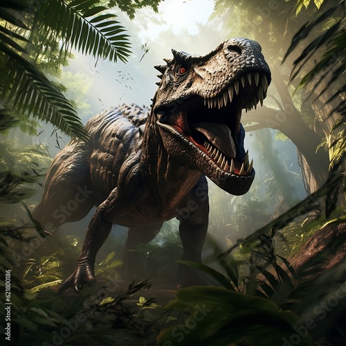 Prehistoric Jungle Encounter  Transport your projects to a bygone era with an AI-generated dinosaur roaming the lush jungle. Captivate your audience with this captivating stock photo.