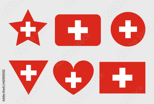 Switzerland flag vector icons set in the shape of heart, star, circle and map.