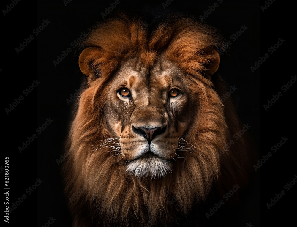 Portrait eines Löwen / Löwe vor schwarzem Hintergrund erstellt mit generativer KI
