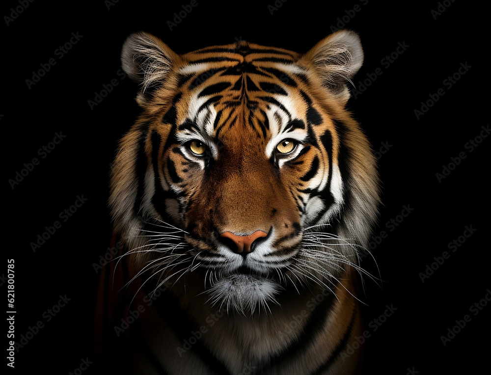 Portrait eines Tigers / Tiger vor schwarzem Hintergrund erstellt mit generativer KI
