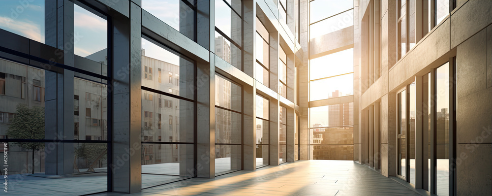 Panoramic skyline and buildings with many glass windows, generative ai Panoramic skyline and buildings with many glass windows, generative ai