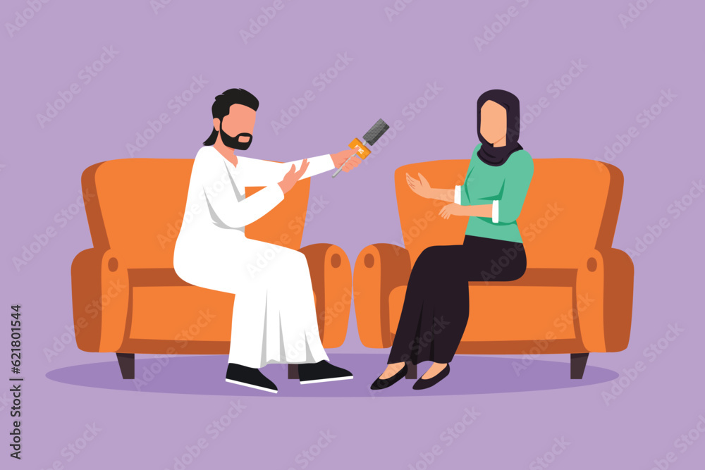 Character flat drawing journalistic interview at TV studio. Coworker, colleagues talk, conversation. Journalist, interview with Arabian businesswoman communicating. Cartoon design vector illustration Character flat drawing journalistic interview at TV studio. Coworker, colleagues talk, conversation. Journalist, interview with Arabian businesswoman communicating. Cartoon design vector illustration