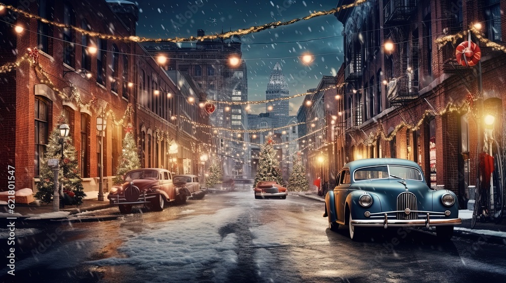 Retro cars in the old town in snowy weather for Christmas, Generative AI