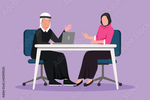 Cartoon flat style drawing Arabian man journalist interviewing girl at desk. Live stream, tv show. Journalist talking to guest. Broadcaster news at tv studio icon. Graphic design vector illustration