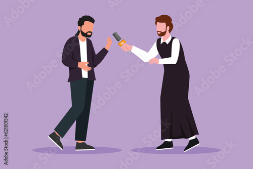 Cartoon flat style drawing active Arabian man journalist with microphone making interview with businessman. Professional journalist in conversation, asking opinion. Graphic design vector illustration