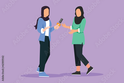 Graphic flat design drawing Arabian business woman giving an interview in presence of journalist with microphone. Beautiful female tv reporter interviewing questions. Cartoon style vector illustration