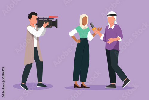 Graphic flat design drawing Arabic journalist, operator interview television program, news. TV host, reporter, cameraman questioning beautiful woman. Video recording. Cartoon style vector illustration