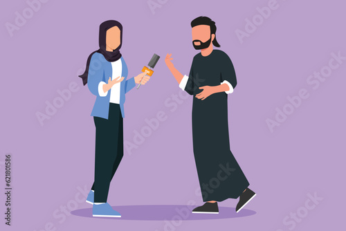 Character flat drawing beautiful Arabian woman TV journalist, reporter with microphone interviews senator, vip businessman, congressman. Business news, tv channel. Cartoon design vector illustration