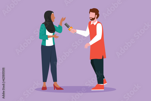 Character flat drawing Arabian male tv reporter interviewing questions. Man holding interview with success business woman, professional journalist in conversation. Cartoon design vector illustration