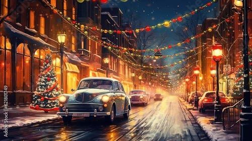 Photographie Retro cars in the old town in snowy weather for Christmas, Generative AI