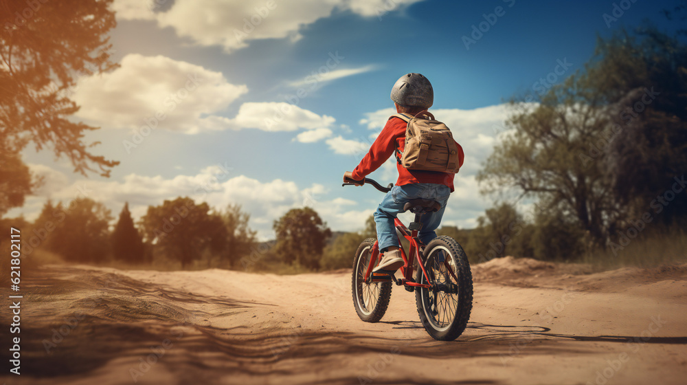 Child riding a bike on dusty Road outdoors, wearing Helmet and Backpack, Cross bike, mountain bike