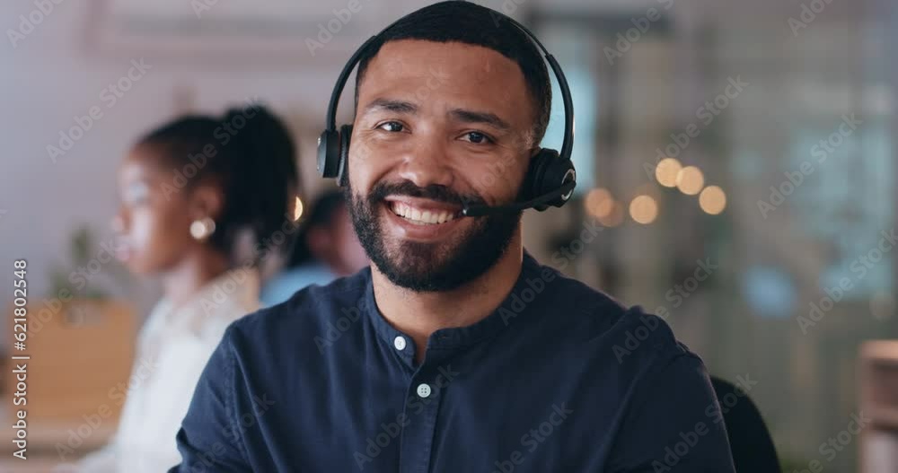 Business man, telemarketing and portrait with a smile in a office with call center consultant. Male person, professional face and customer service late with crm and contact us support at company