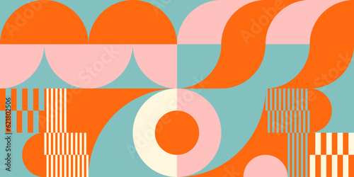 Retro geometric aesthetics. Bauhaus and avant-garde inspired vector background with abstract simple shapes like circle, square, semi circle. Colorful pattern in nostalgic pastel colors. © dinadankersdesign