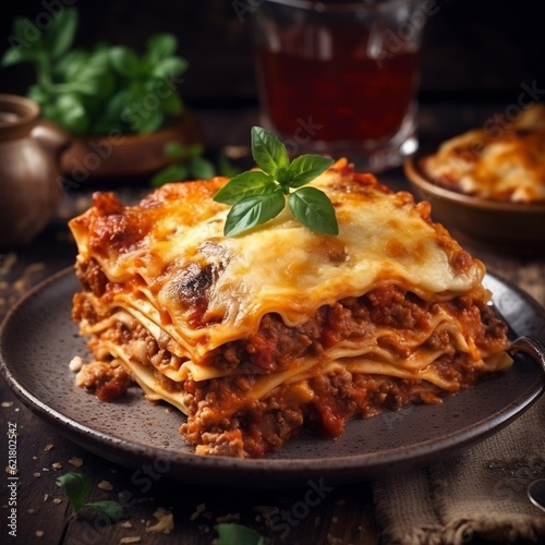 Lasagna Bolognese whit cheese and tomato sauce generative ai