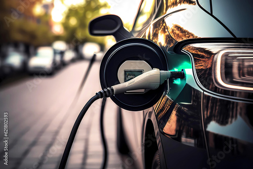 Closeup electric car charging. Generative ai design. © Bildwasser